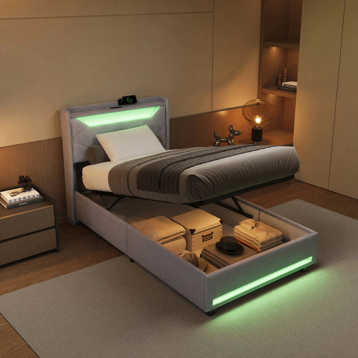 Gas Lift Ottoman Bed Frame with LED & Charging Headboard | The Lumina Vaul