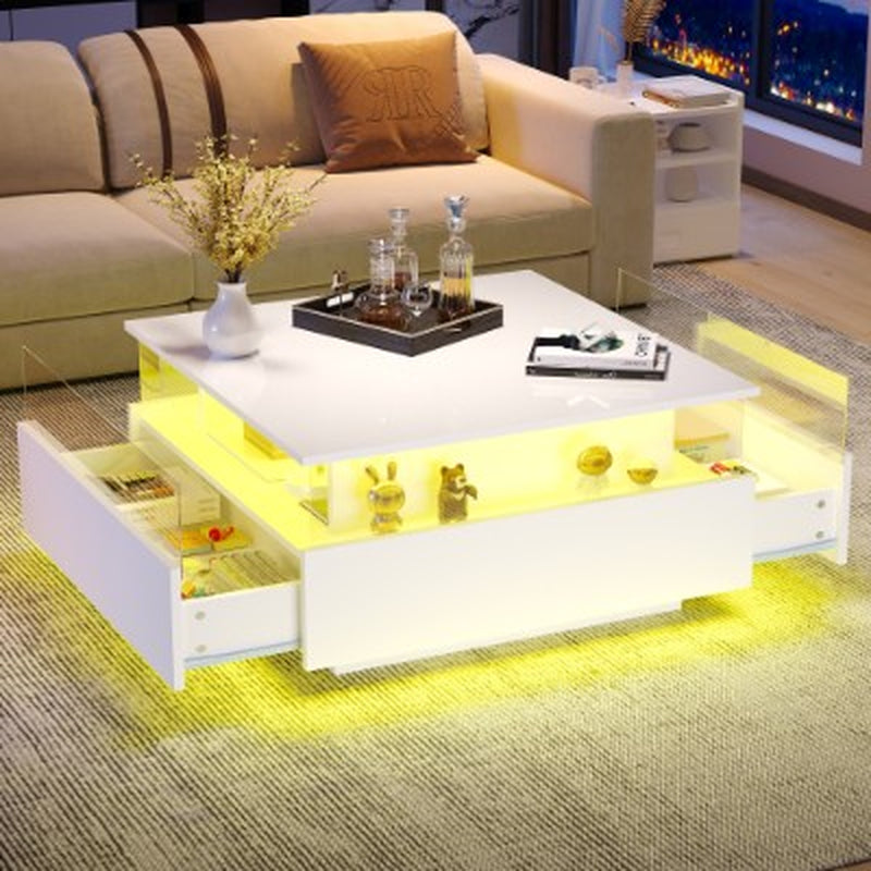 Wooden Modern LED Square Coffee Table with 2 Drawers | The Aurora Float