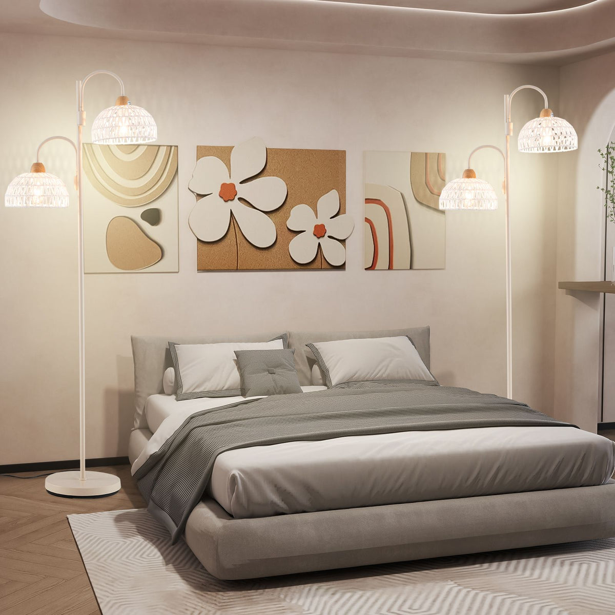 2 Light Floor Lamp with Foot Switch and Woven Lampshades
