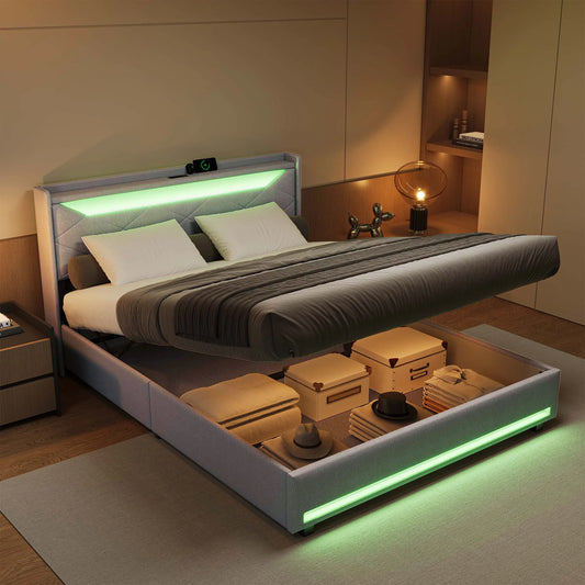 Gas Lift Ottoman Bed Frame with LED & Charging Headboard | The Lumina Vaul