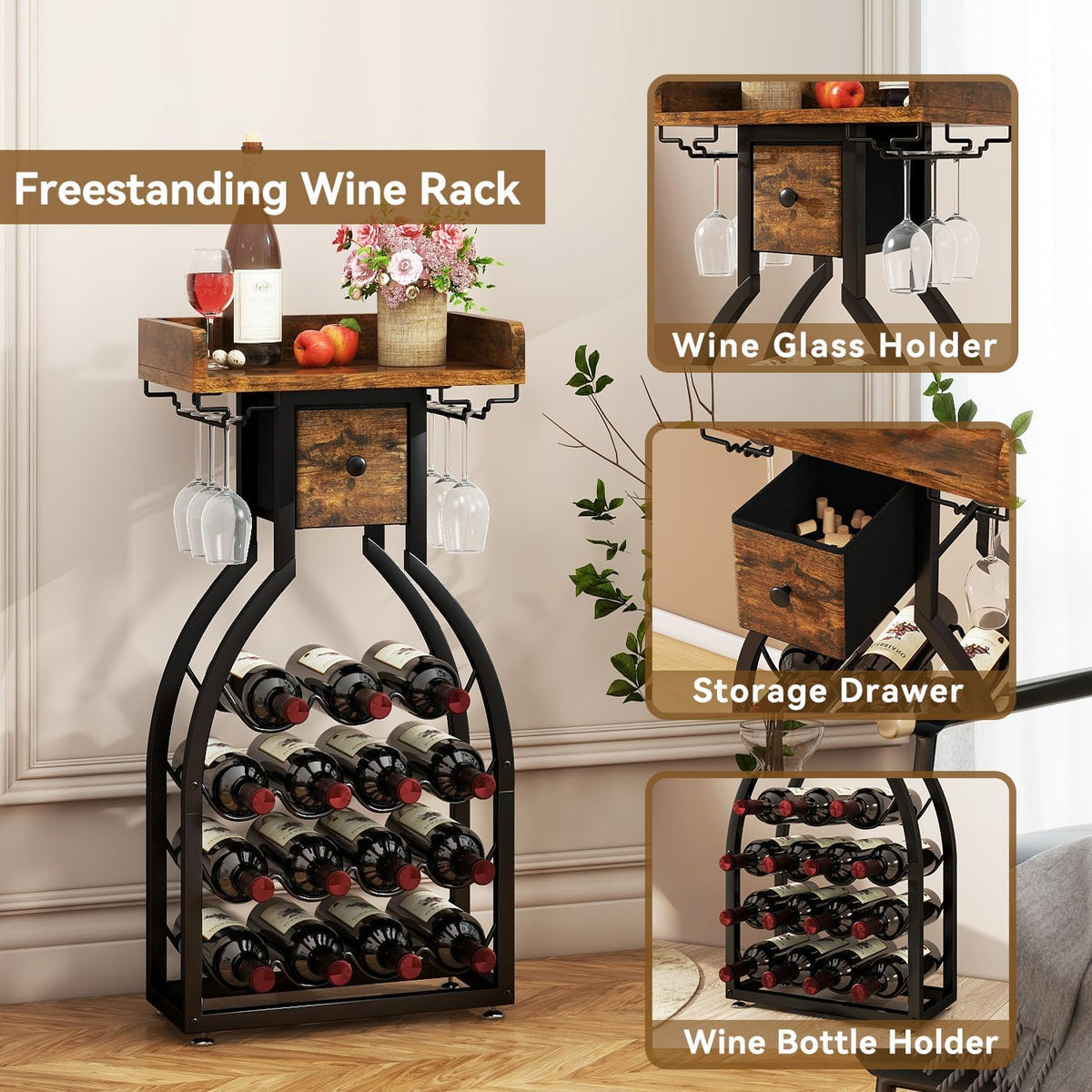 Wine Rack Freestanding Floor, 15 Bottles, Glass Holder, Brown | The Cellar Silhouette