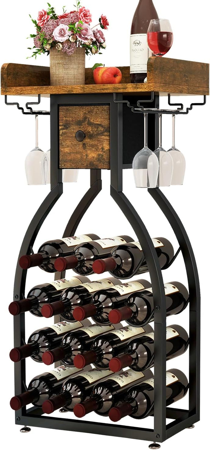 Wine Rack Freestanding Floor, 15 Bottles, Glass Holder, Brown | The Cellar Silhouette