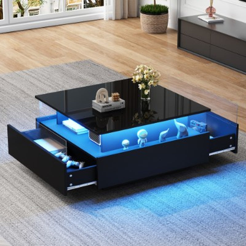 Wooden Modern LED Square Coffee Table with 2 Drawers | The Aurora Float