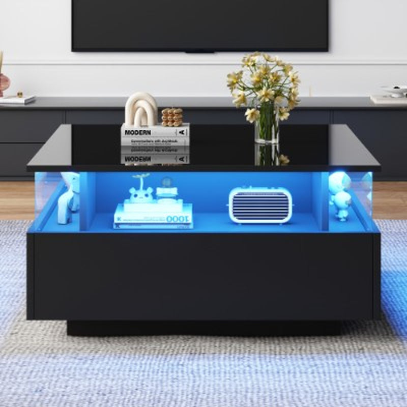 Wooden Modern LED Square Coffee Table with 2 Drawers | The Aurora Float
