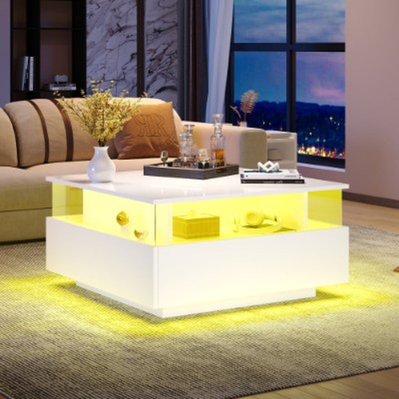 Wooden Modern LED Square Coffee Table with 2 Drawers | The Aurora Float