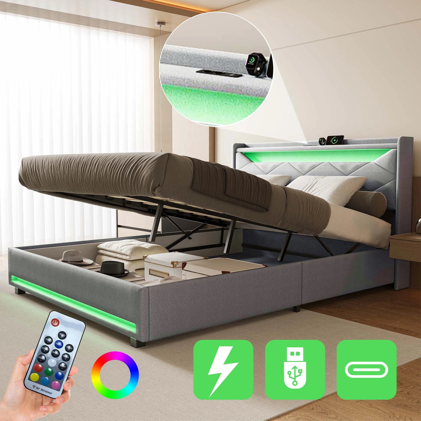 Gas Lift Ottoman Bed Frame with LED & Charging Headboard | The Lumina Vaul