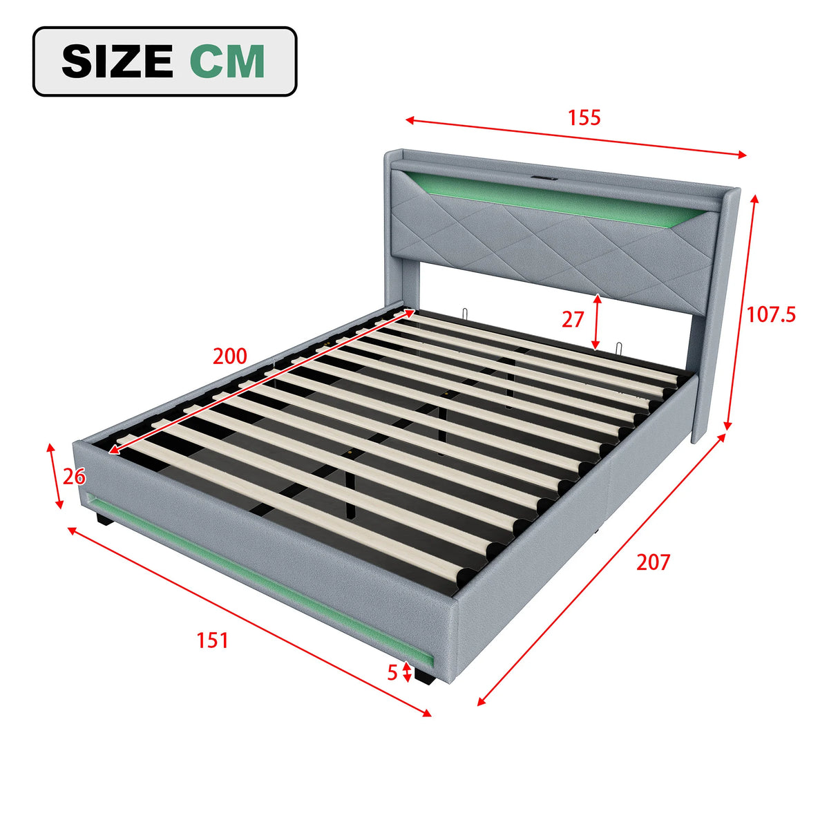 Gas Lift Ottoman Bed Frame with LED & Charging Headboard | The Lumina Vaul