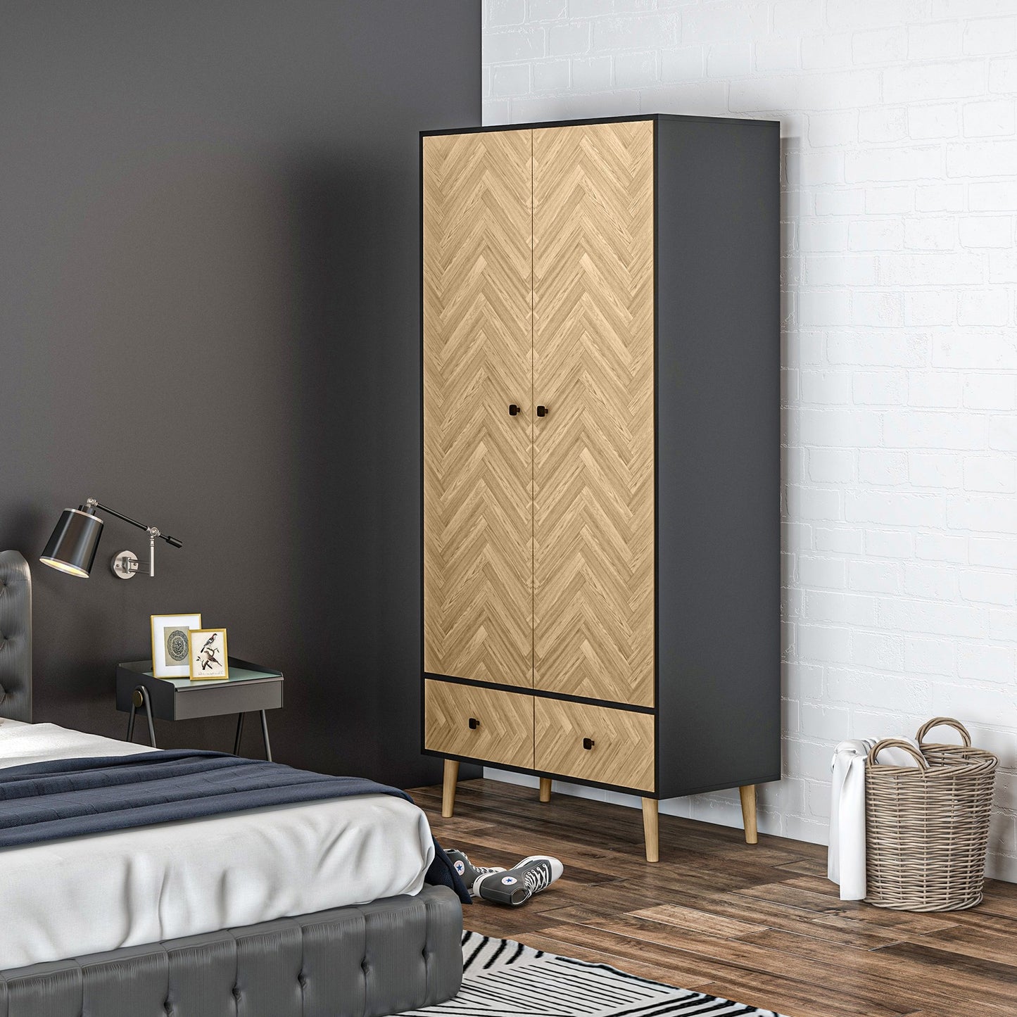Modern Wardrobe Cabinet with Shelf, Hanging Rod and 2 Drawers | The Nordic Armoire