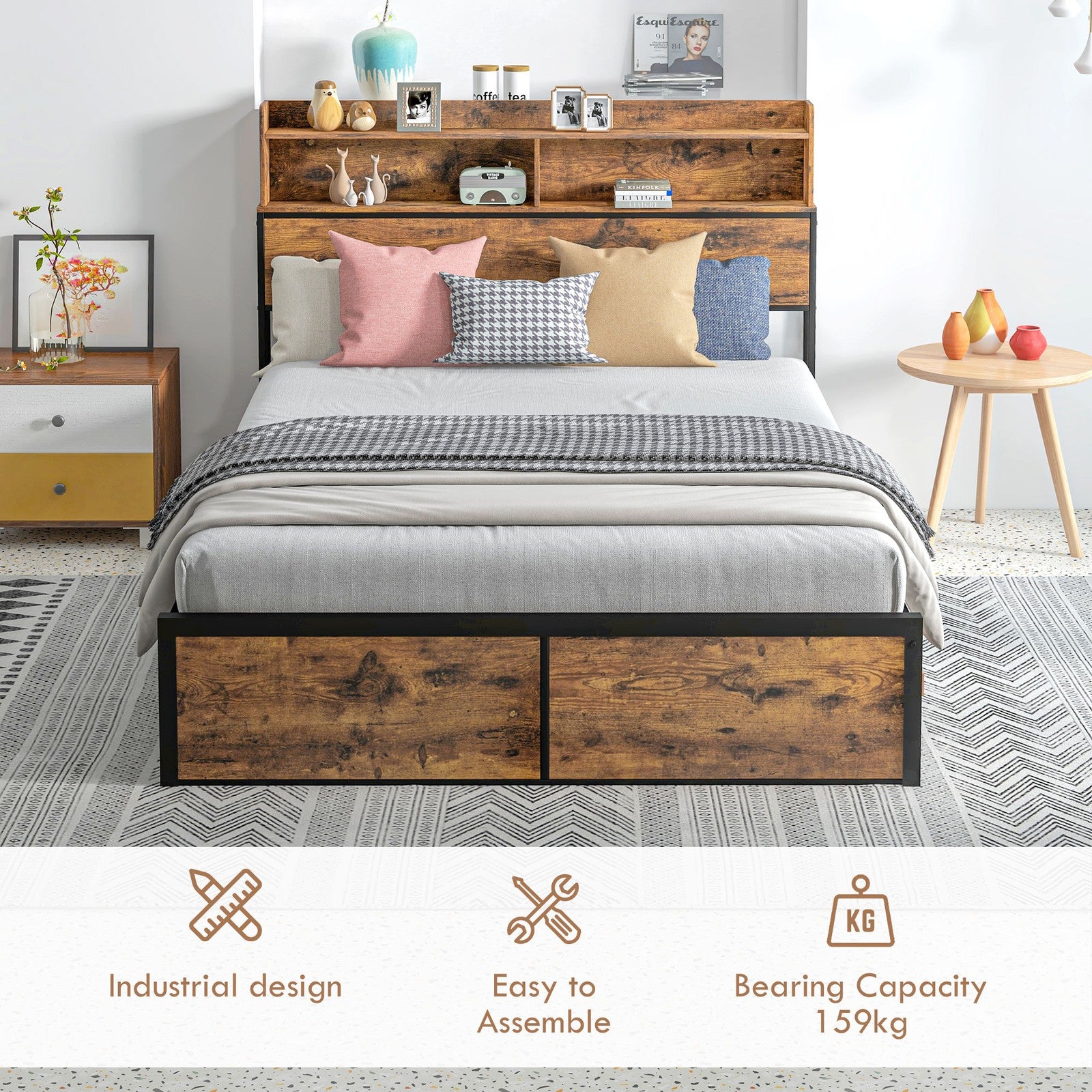 HOMCOM 4.6FT Double Bed Frame with Storage Headboard and under Bed Storage