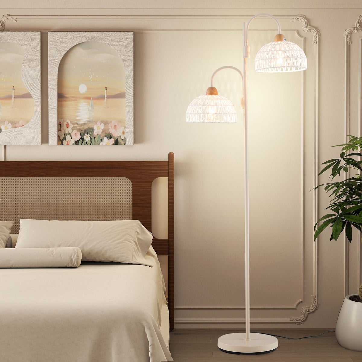 2 Light Floor Lamp with Foot Switch and Woven Lampshades