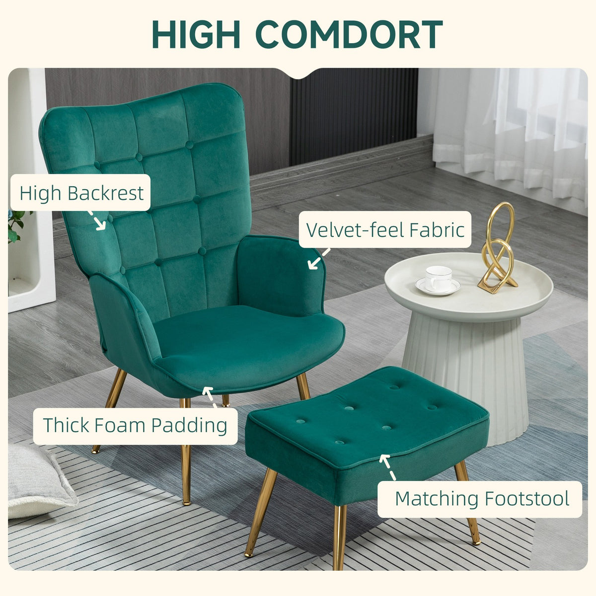 Tufted Dark Green Velvet Armchair & Footstool | The Emerald Lounge