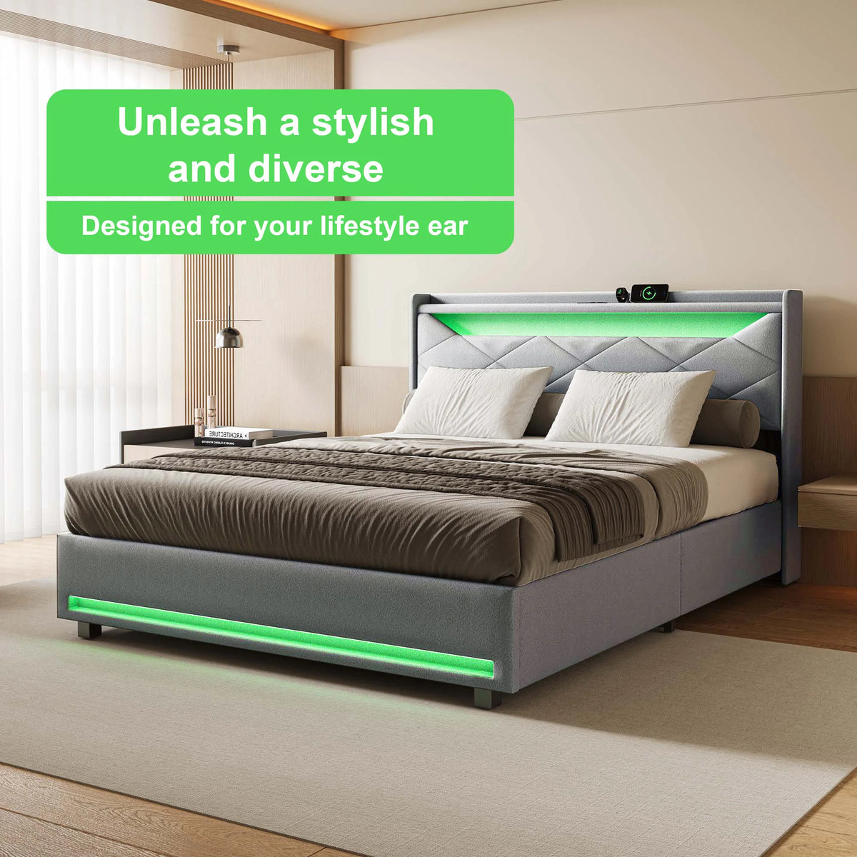 Gas Lift Ottoman Bed Frame with LED & Charging Headboard | The Lumina Vaul