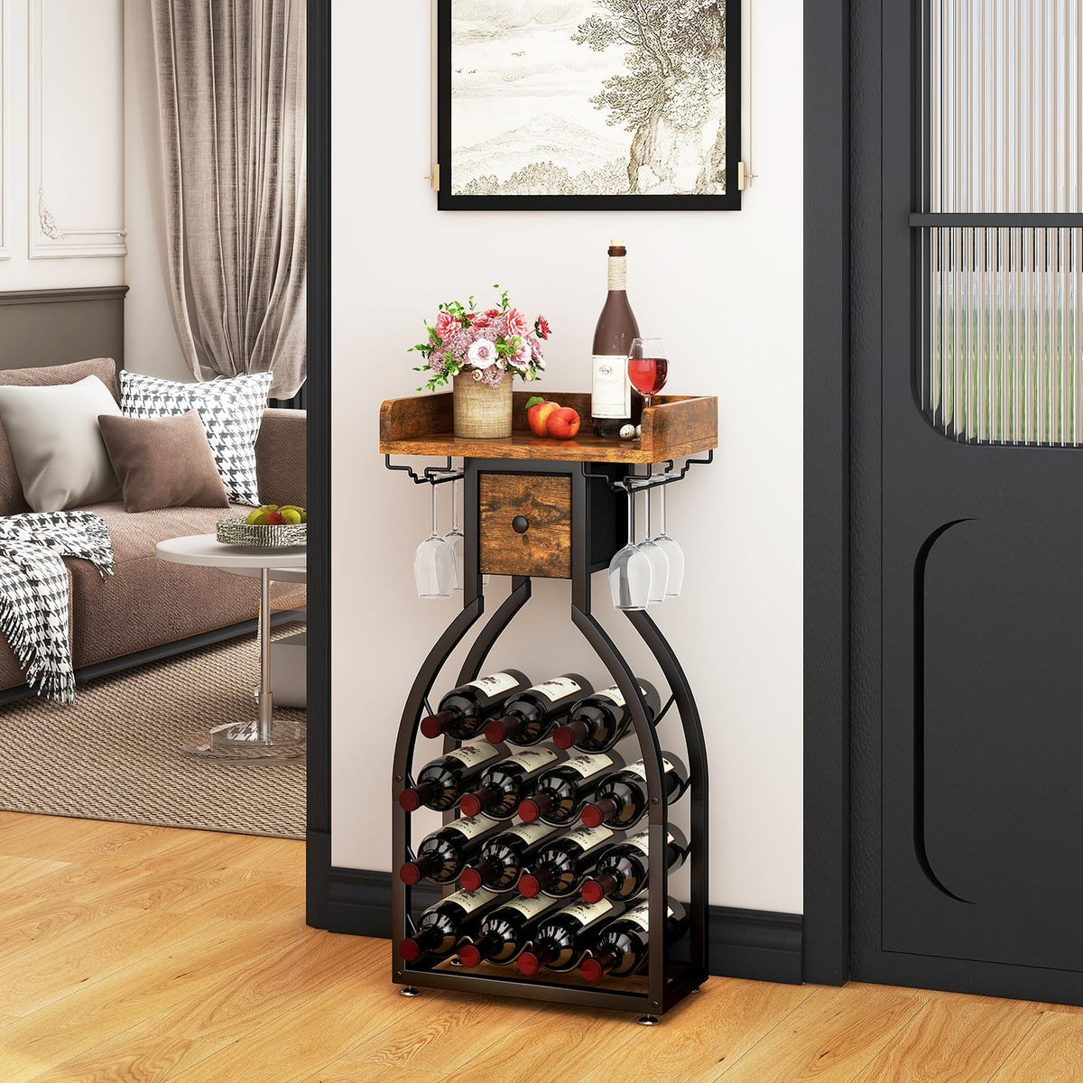 Wine Rack Freestanding Floor, 15 Bottles, Glass Holder, Brown | The Cellar Silhouette