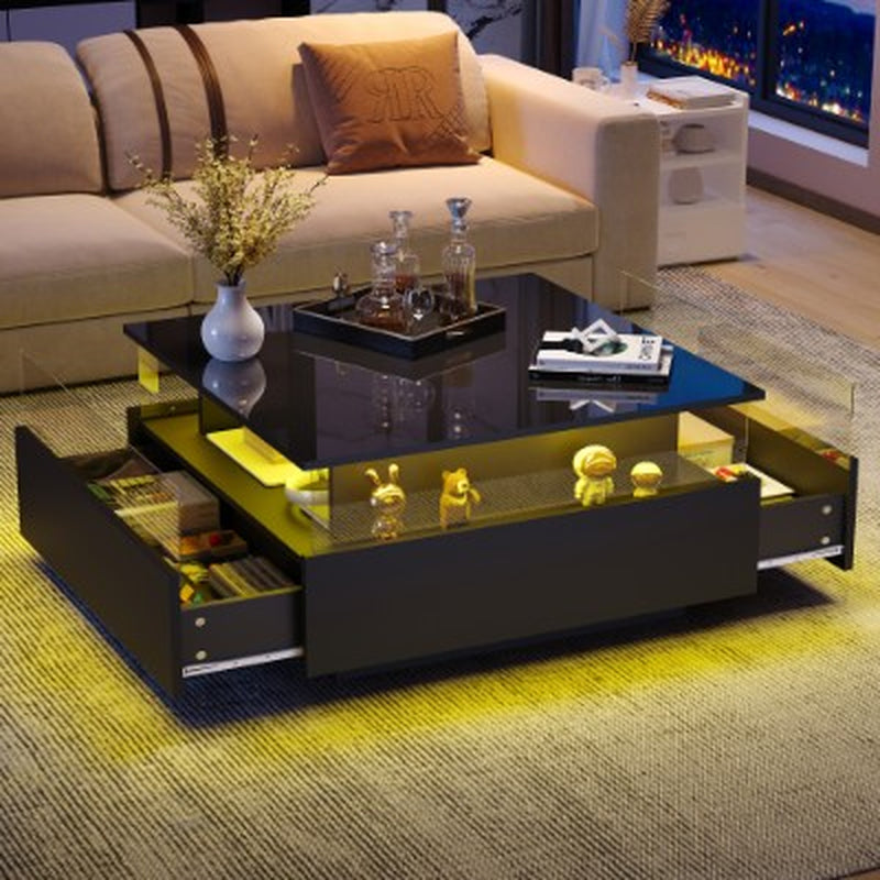 Wooden Modern LED Square Coffee Table with 2 Drawers | The Aurora Float