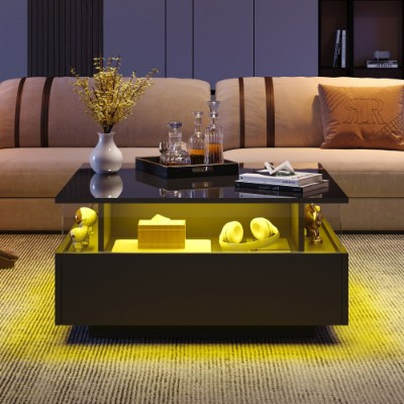 Wooden Modern LED Square Coffee Table with 2 Drawers | The Aurora Float