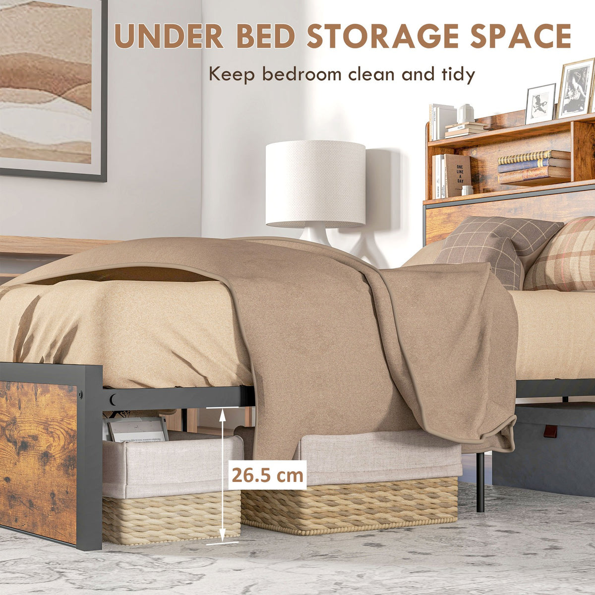 HOMCOM 4.6FT Double Bed Frame with Storage Headboard and under Bed Storage
