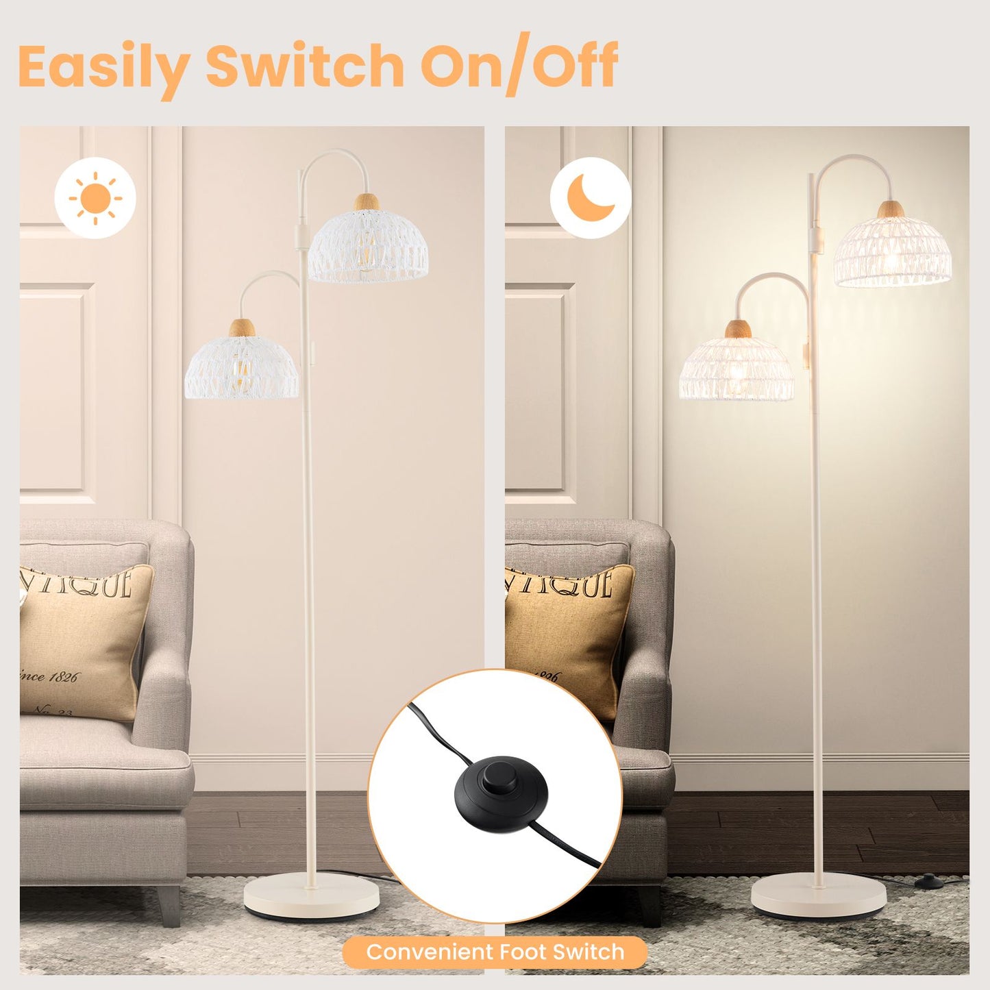 2 Light Floor Lamp with Foot Switch and Woven Lampshades