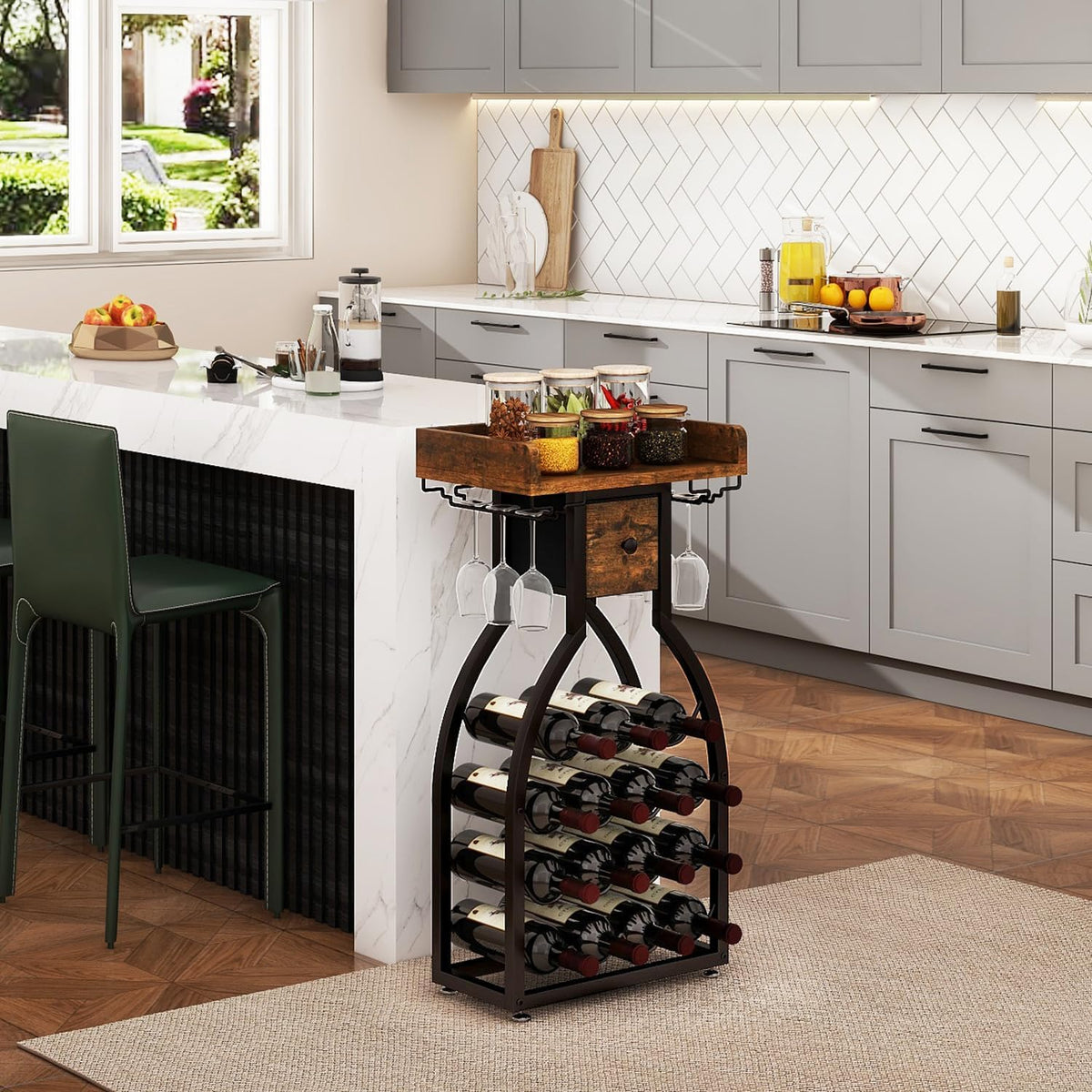 Wine Rack Freestanding Floor, 15 Bottles, Glass Holder, Brown | The Cellar Silhouette