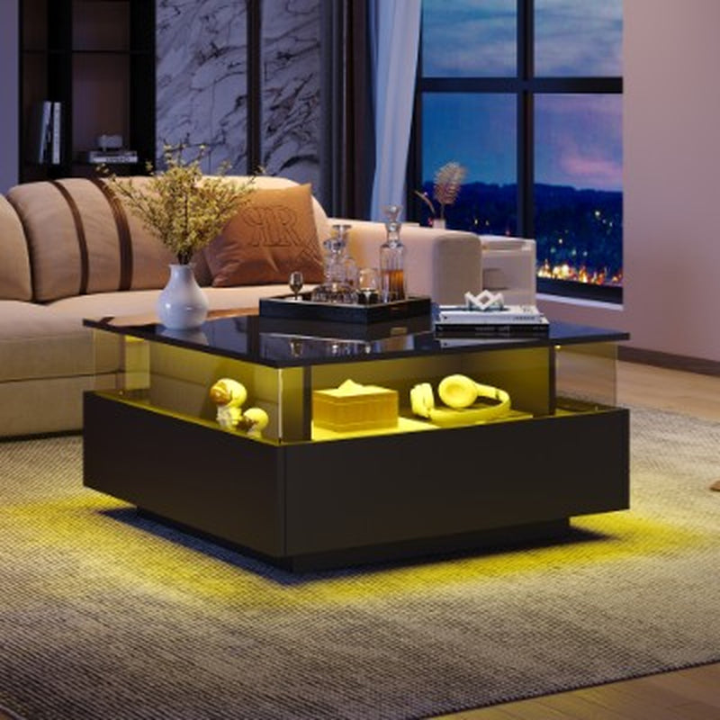 Wooden Modern LED Square Coffee Table with 2 Drawers | The Aurora Float
