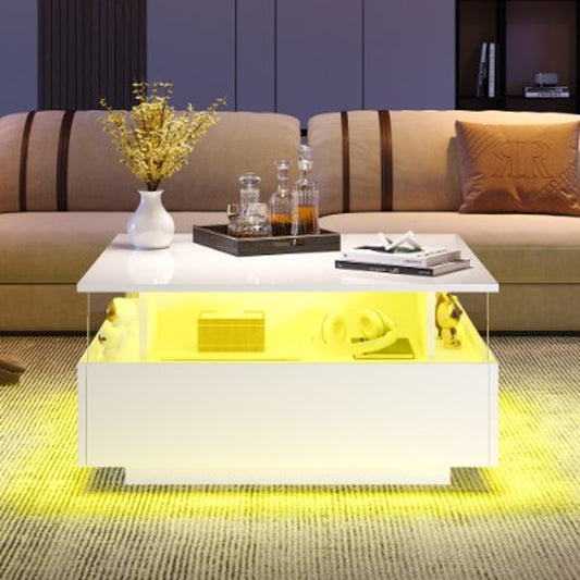 Wooden Modern LED Square Coffee Table with 2 Drawers | The Aurora Float