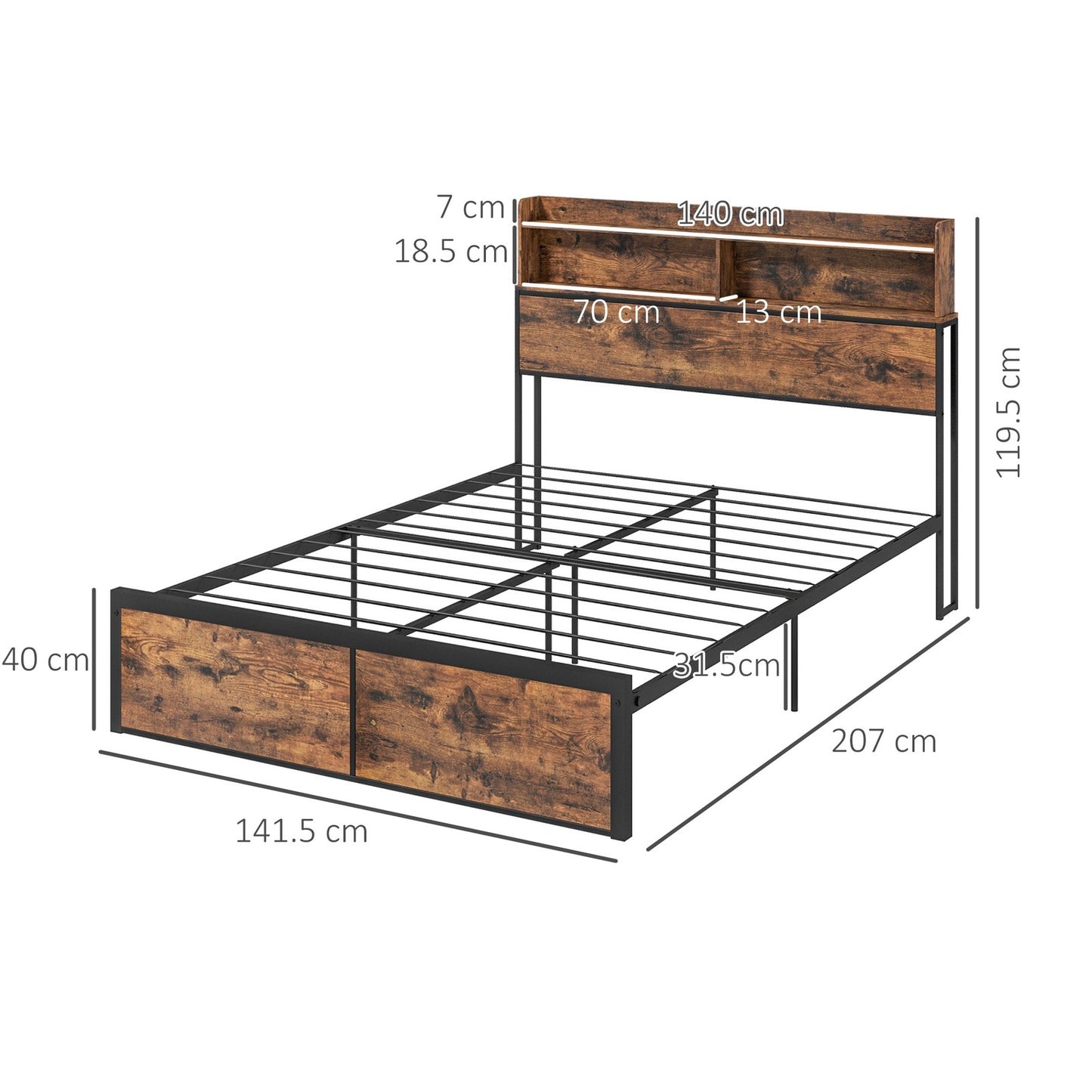 HOMCOM 4.6FT Double Bed Frame with Storage Headboard and under Bed Storage