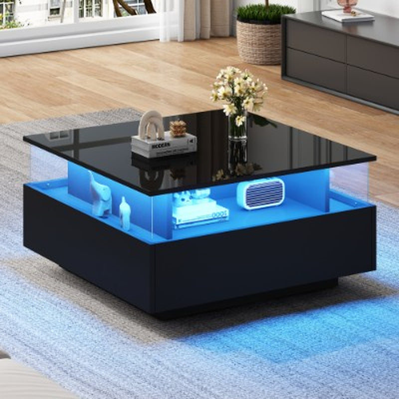 Wooden Modern LED Square Coffee Table with 2 Drawers | The Aurora Float