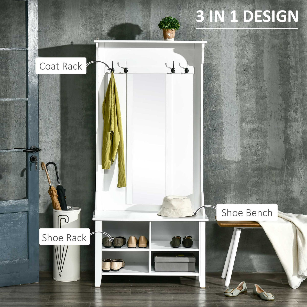 HOMCOM Hallway Storage Bench with Mirror & 4 Coat Hooks | The Entry Valet