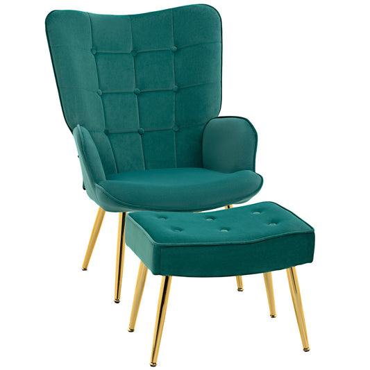 Tufted Dark Green Velvet Armchair & Footstool | The Emerald Lounge