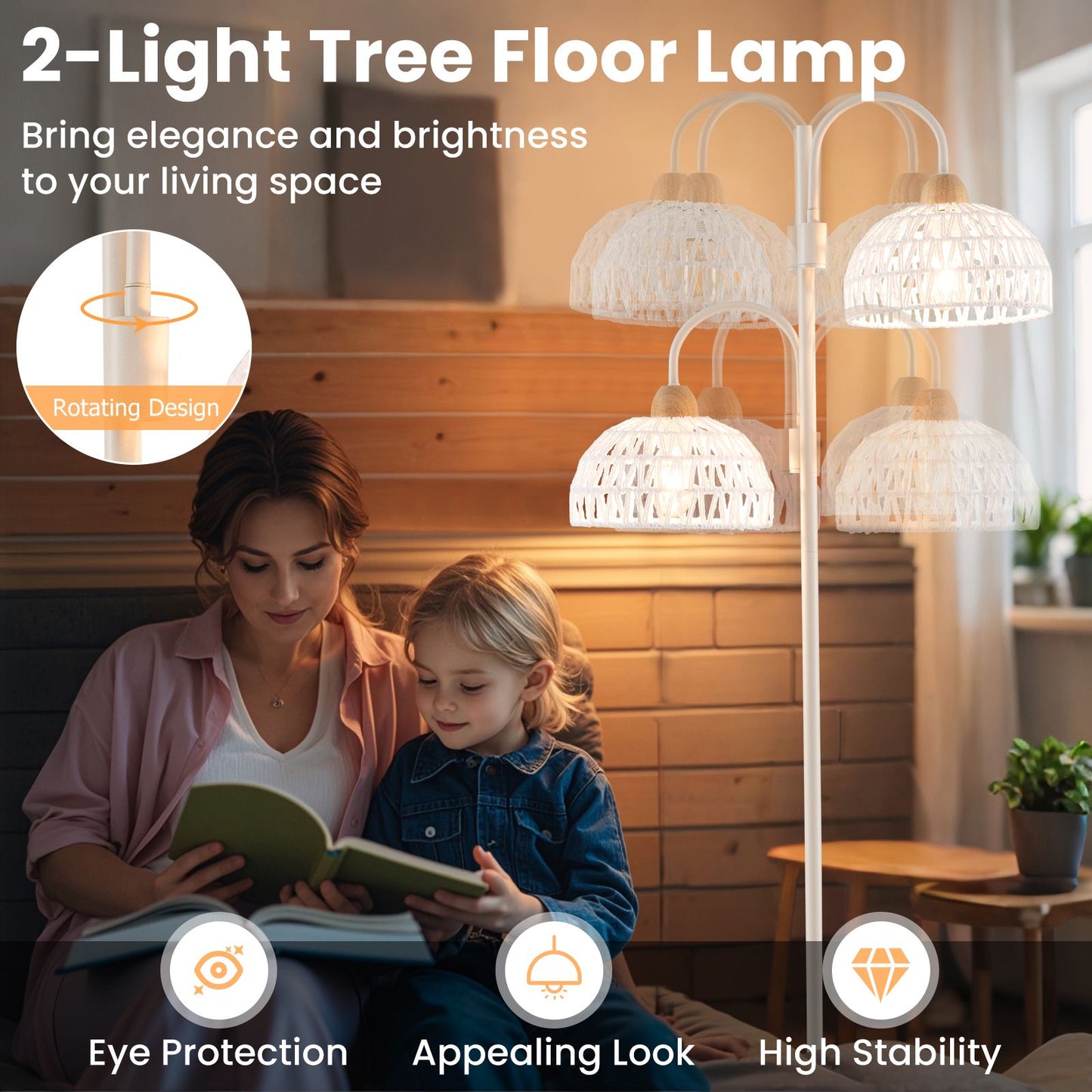 2 Light Floor Lamp with Foot Switch and Woven Lampshades
