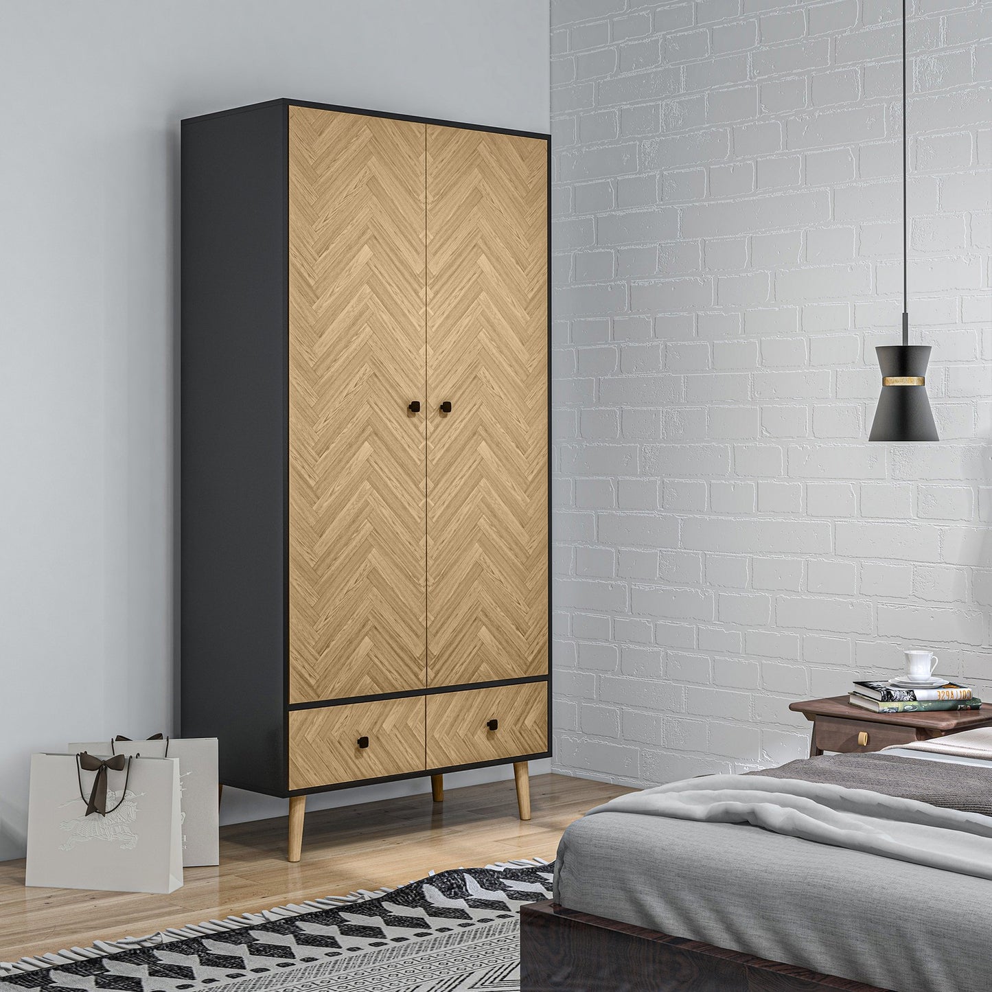 Modern Wardrobe Cabinet with Shelf, Hanging Rod and 2 Drawers | The Nordic Armoire