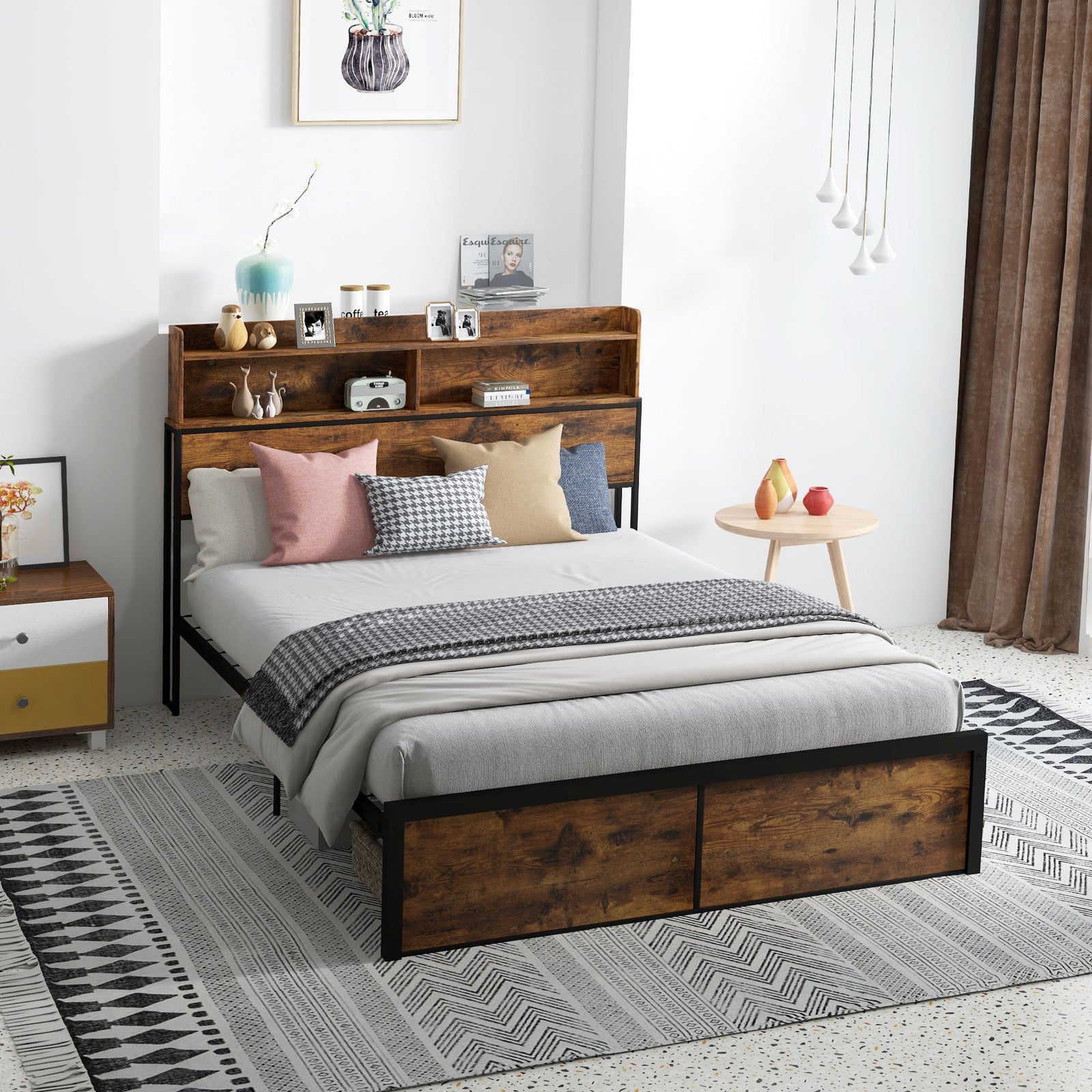 HOMCOM 4.6FT Double Bed Frame with Storage Headboard and under Bed Storage
