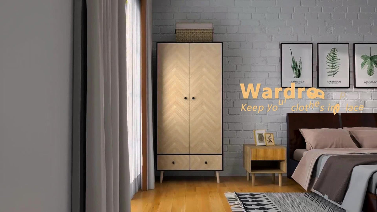 Modern Wardrobe Cabinet with Shelf, Hanging Rod and 2 Drawers | The Nordic Armoire