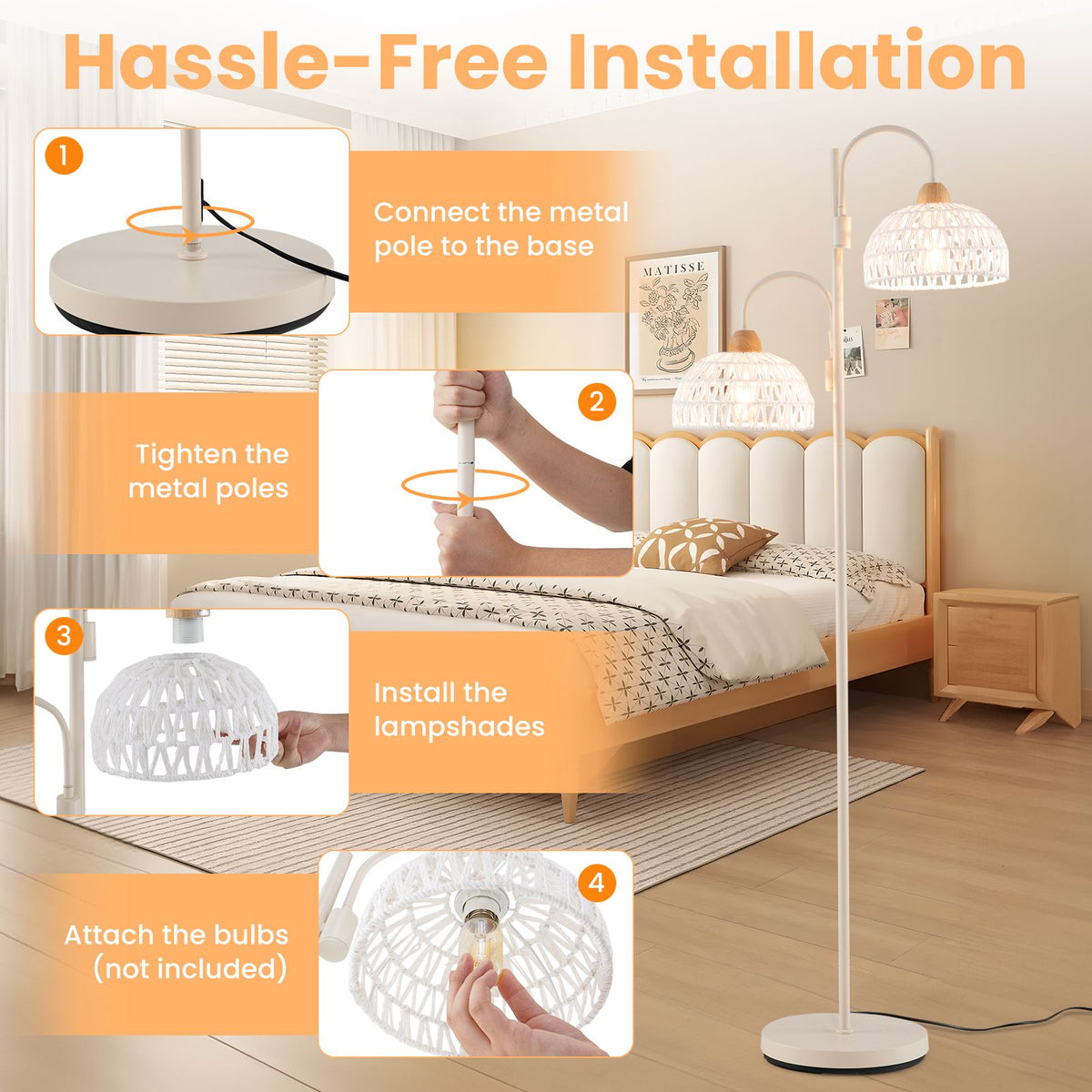 2 Light Floor Lamp with Foot Switch and Woven Lampshades