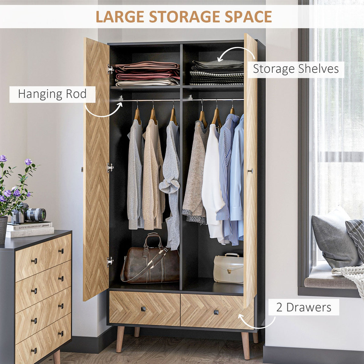 Modern Wardrobe Cabinet with Shelf, Hanging Rod and 2 Drawers | The Nordic Armoire