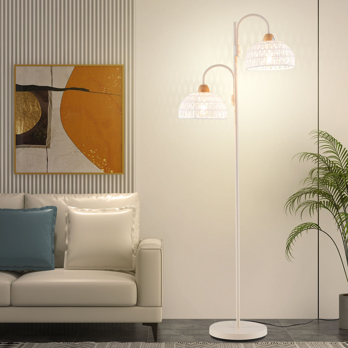 2 Light Floor Lamp with Foot Switch and Woven Lampshades