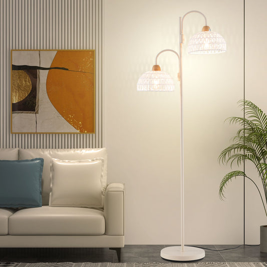 2 Light Floor Lamp with Foot Switch and Woven Lampshades