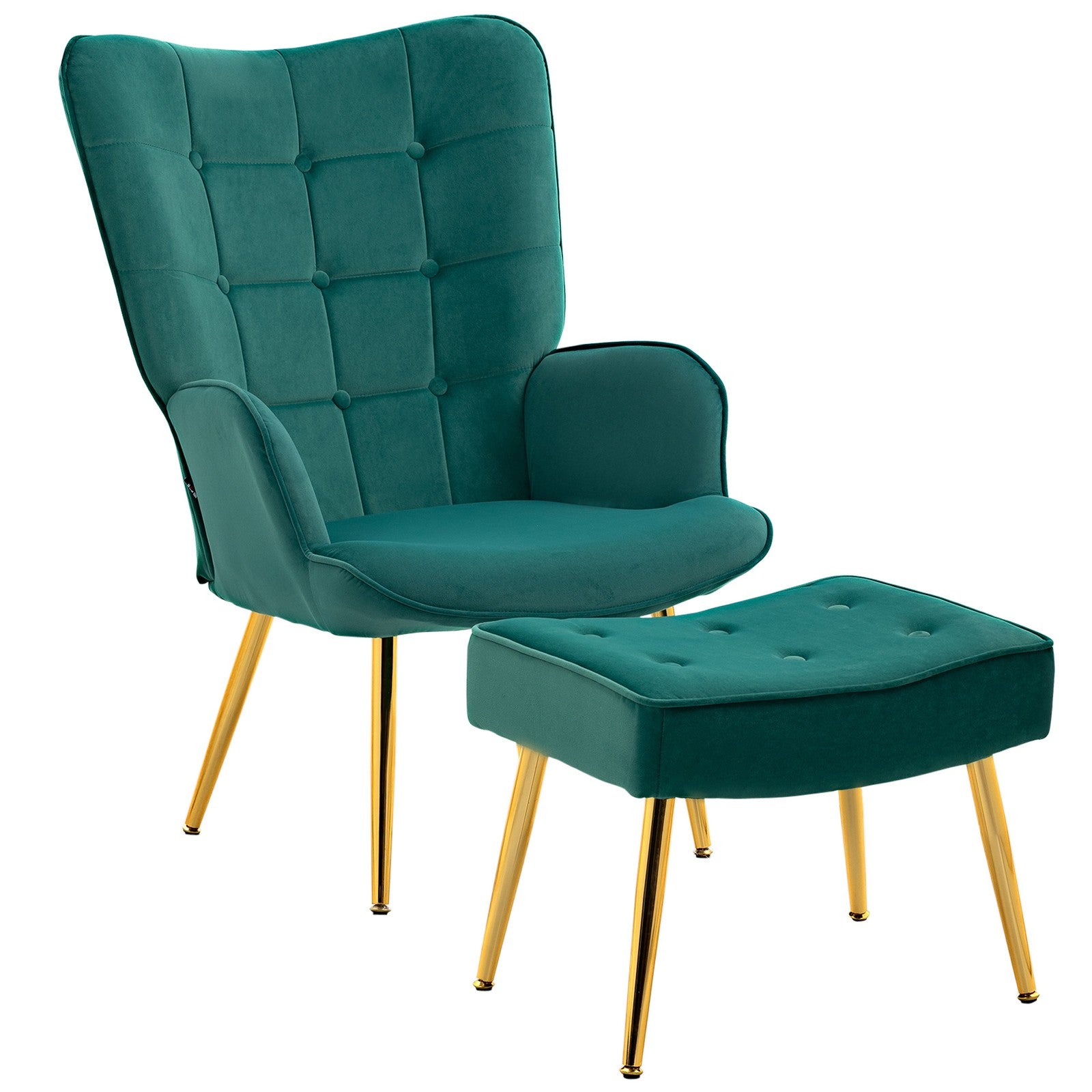 Tufted Dark Green Velvet Armchair & Footstool | The Emerald Lounge