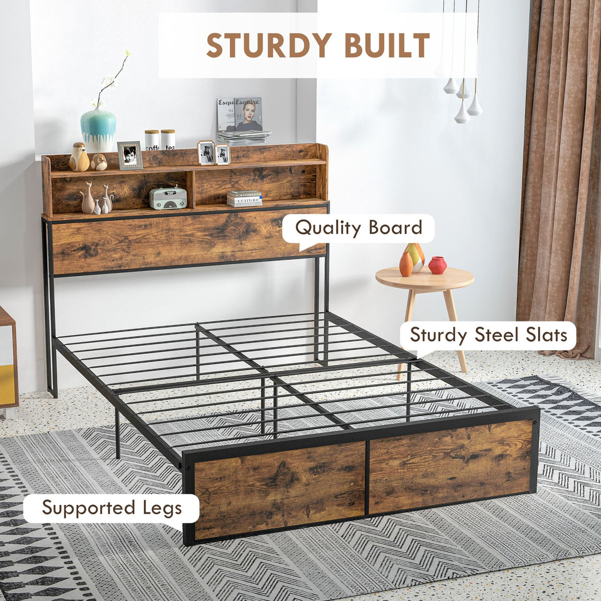 HOMCOM 4.6FT Double Bed Frame with Storage Headboard and under Bed Storage