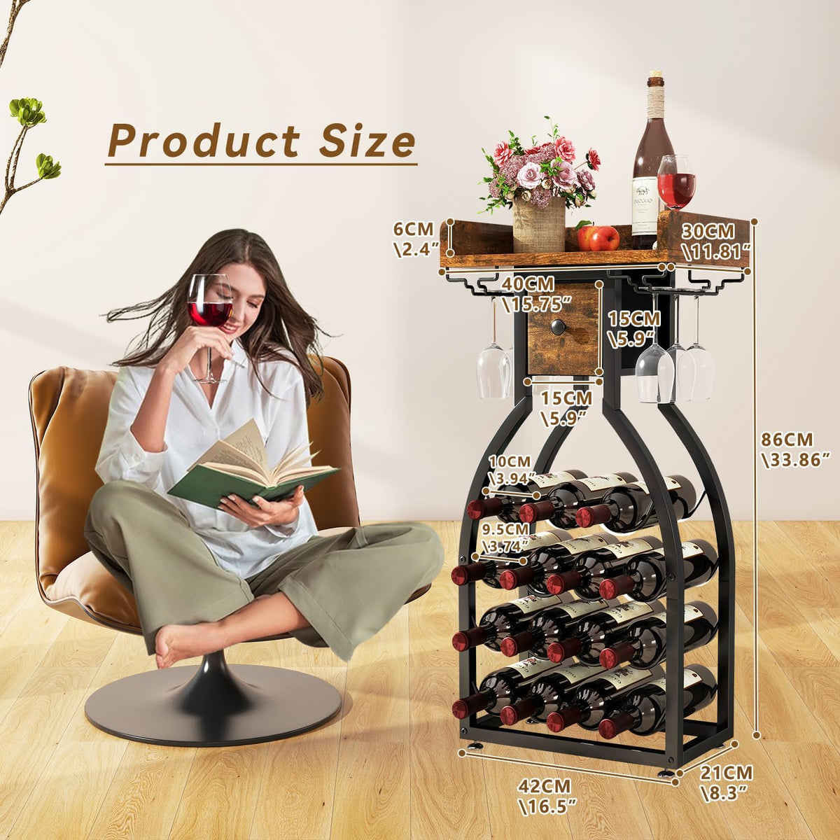Wine Rack Freestanding Floor, 15 Bottles, Glass Holder, Brown | The Cellar Silhouette