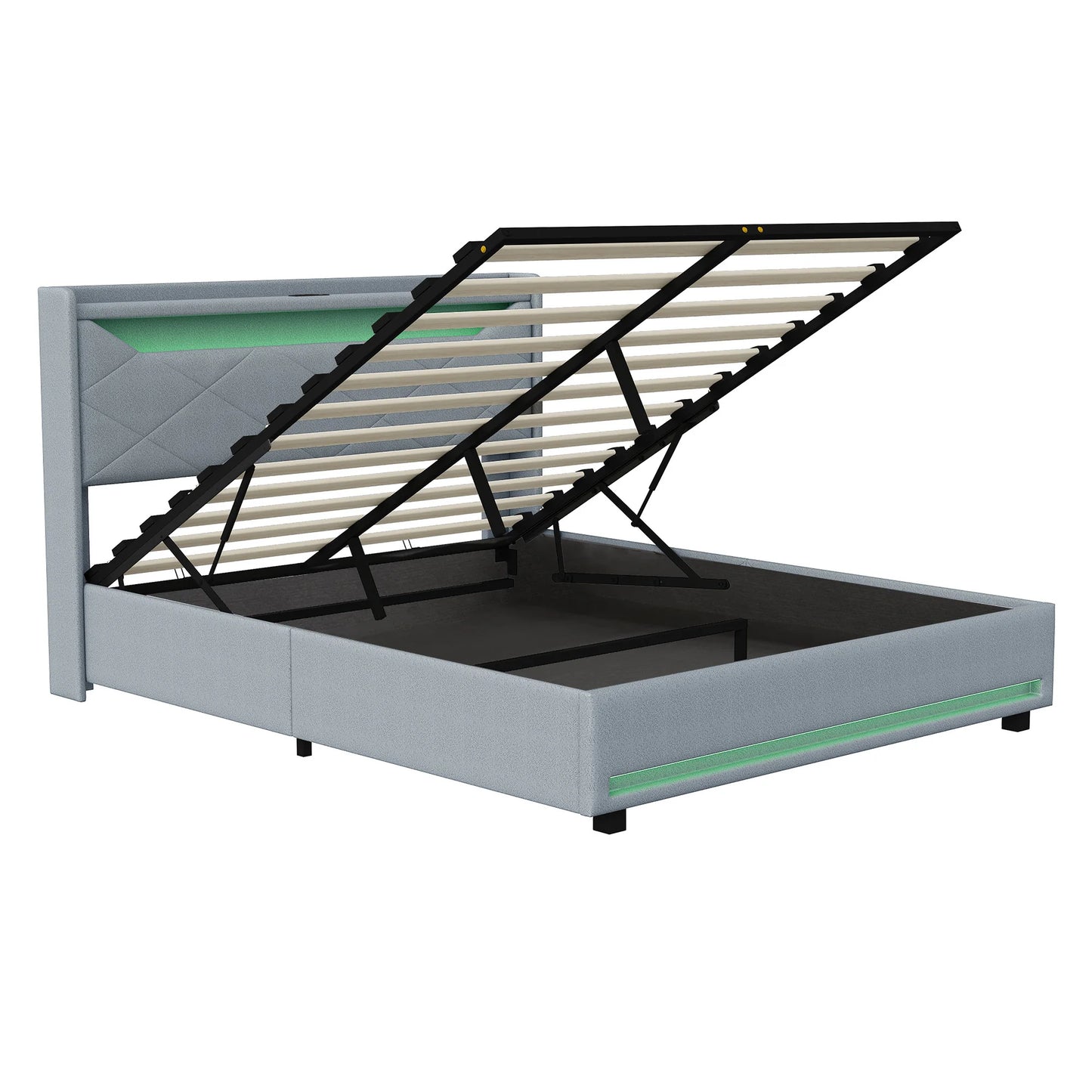 Gas Lift Ottoman Bed Frame with LED & Charging Headboard | The Lumina Vaul