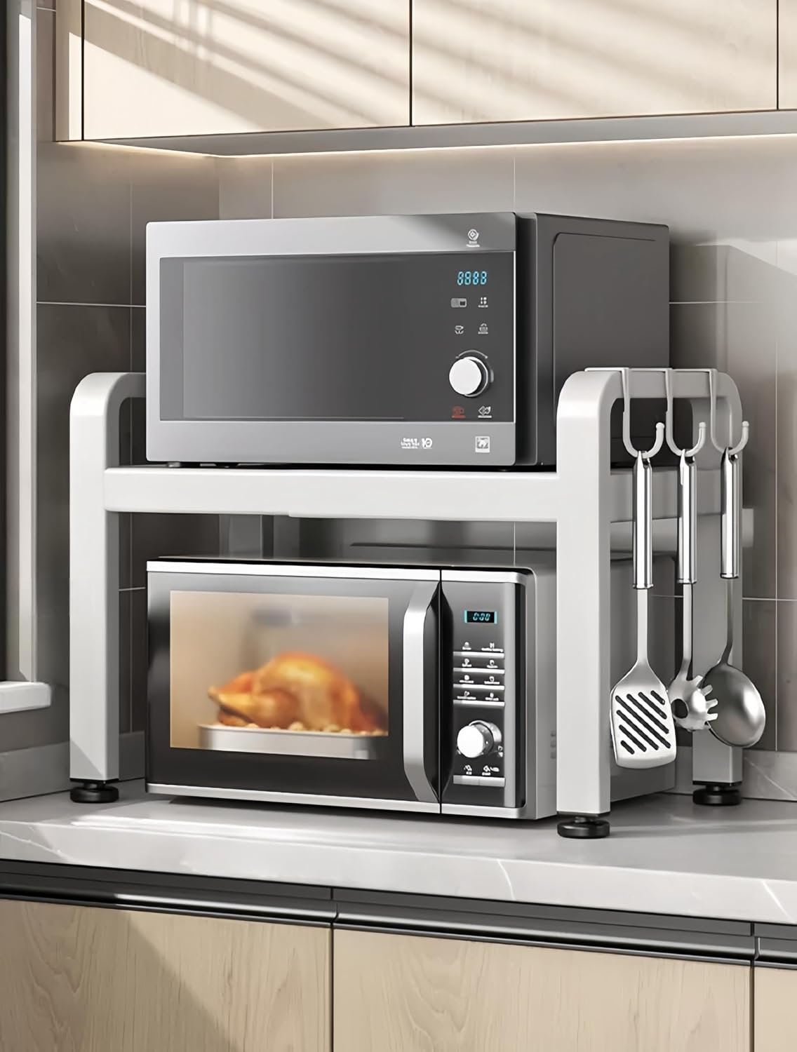 Expandable Microwave Oven Rack Kitchen Counter Storage Shelf with 6 Hooks | The Orbit