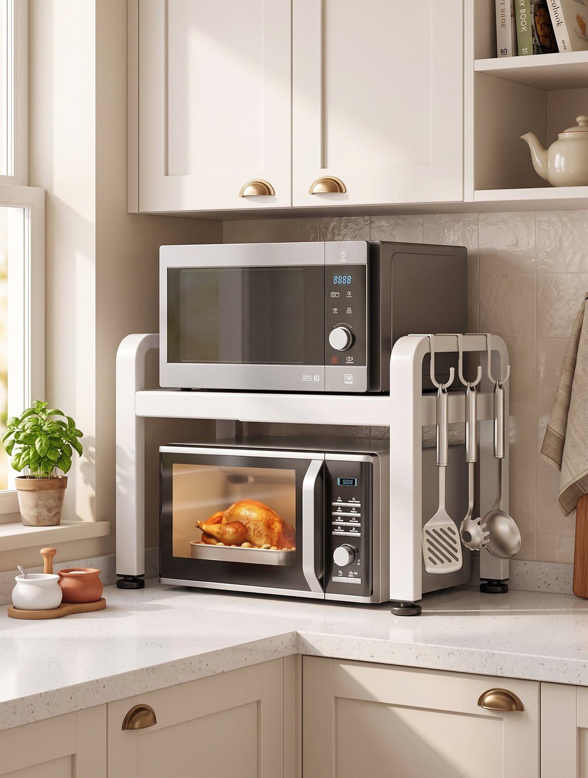 Expandable Microwave Oven Rack Kitchen Counter Storage Shelf with 6 Hooks | The Orbit