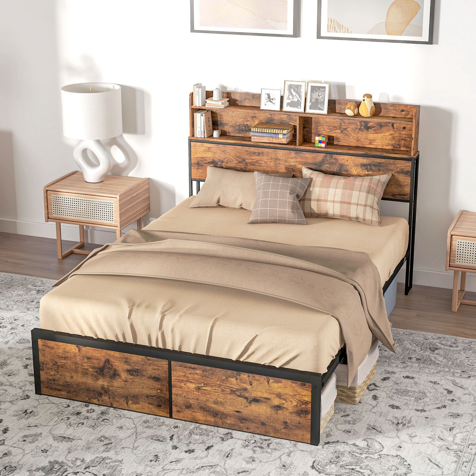 HOMCOM 4.6FT Double Bed Frame with Storage Headboard and under Bed Storage