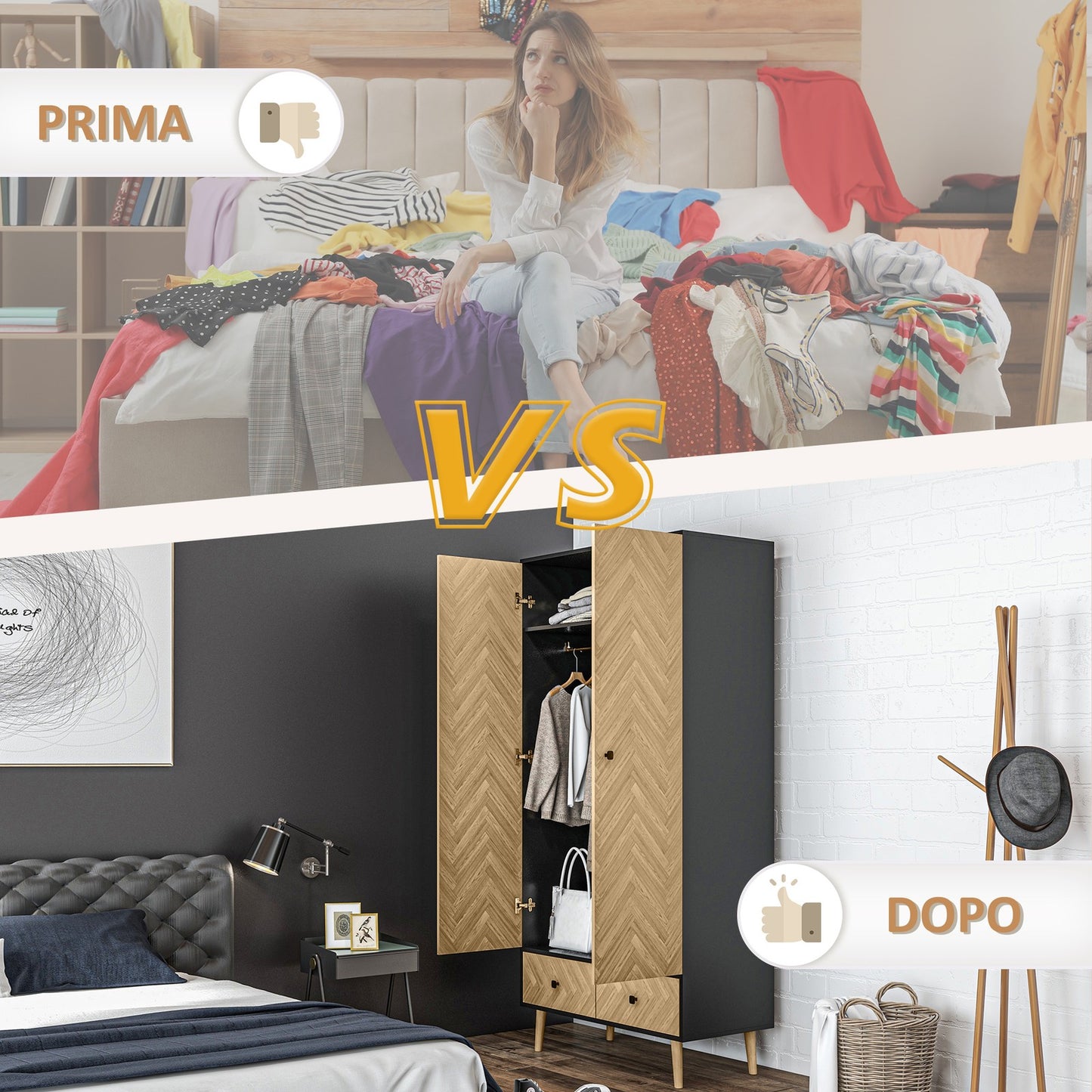Modern Wardrobe Cabinet with Shelf, Hanging Rod and 2 Drawers | The Nordic Armoire