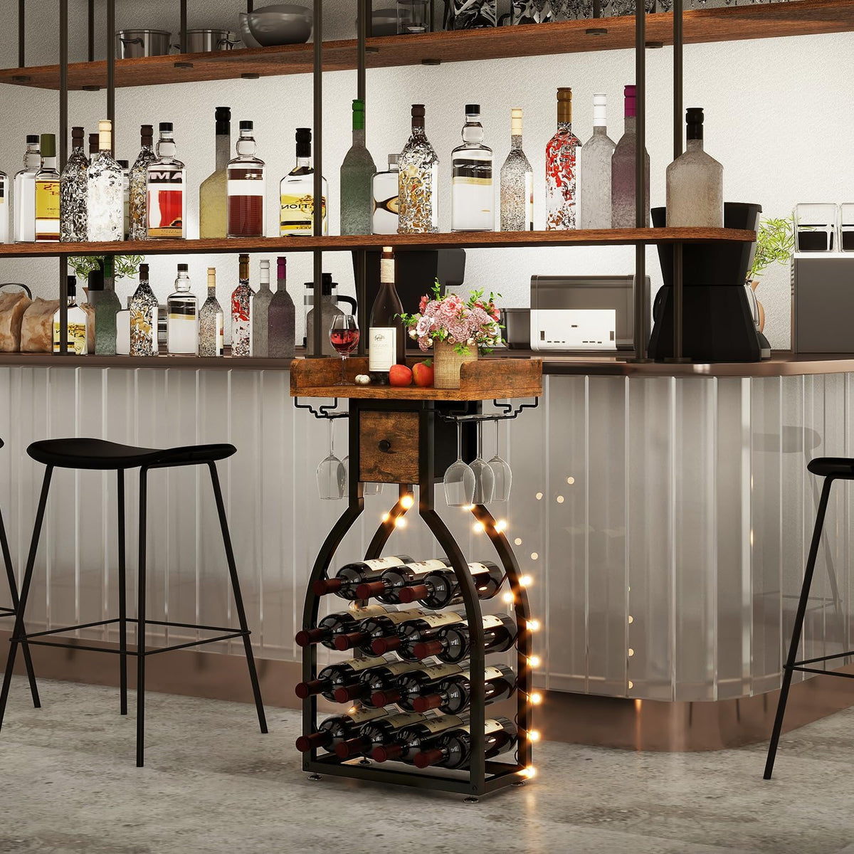 Wine Rack Freestanding Floor, 15 Bottles, Glass Holder, Brown | The Cellar Silhouette