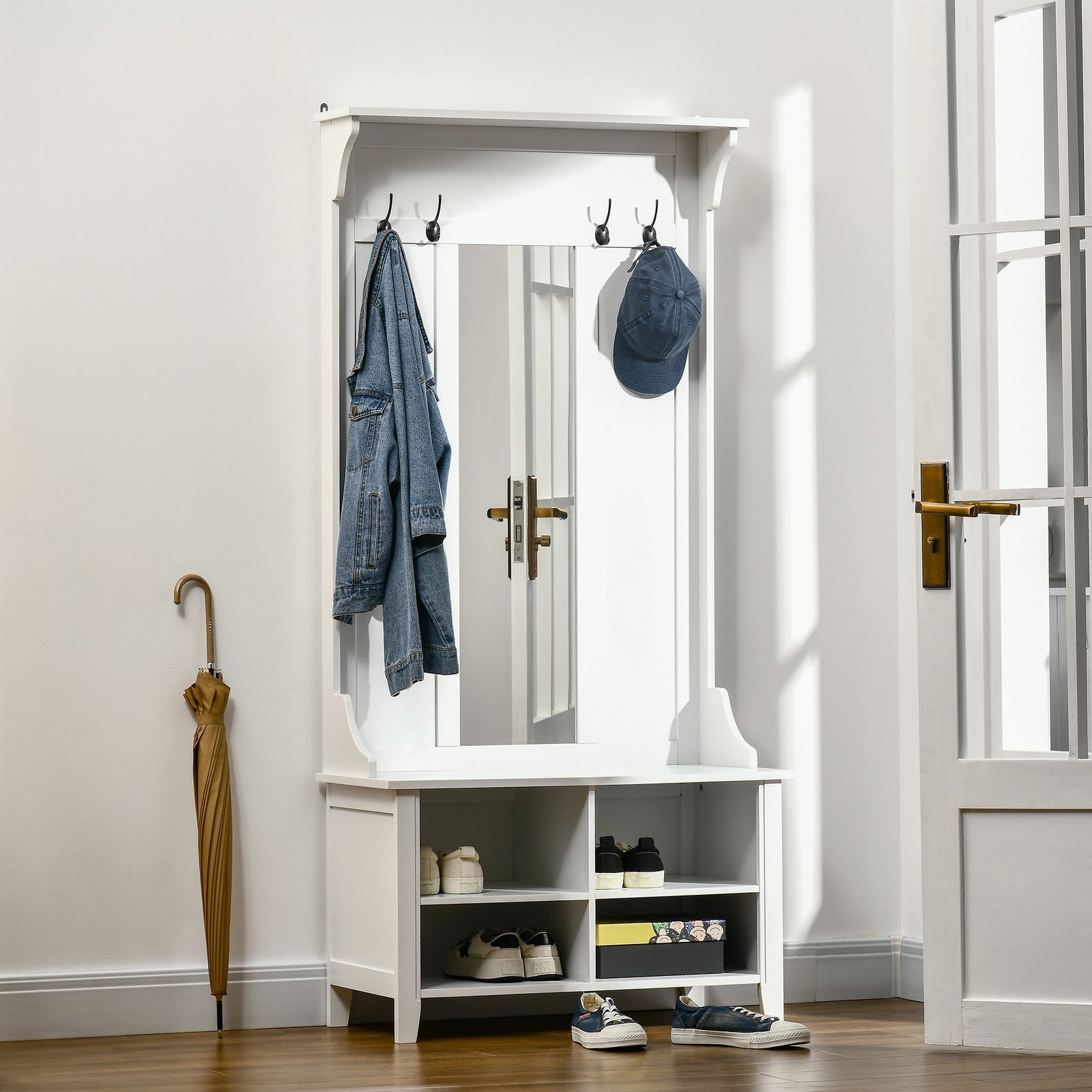 HOMCOM Hallway Storage Bench with Mirror & 4 Coat Hooks | The Entry Valet