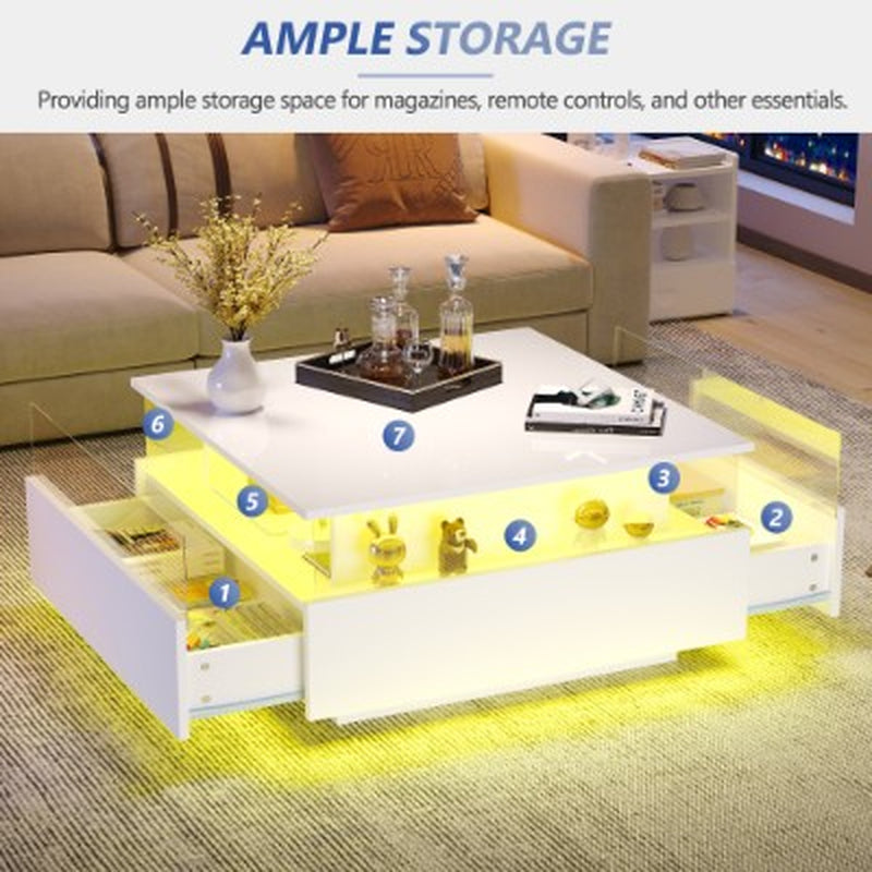 Wooden Modern LED Square Coffee Table with 2 Drawers | The Aurora Float