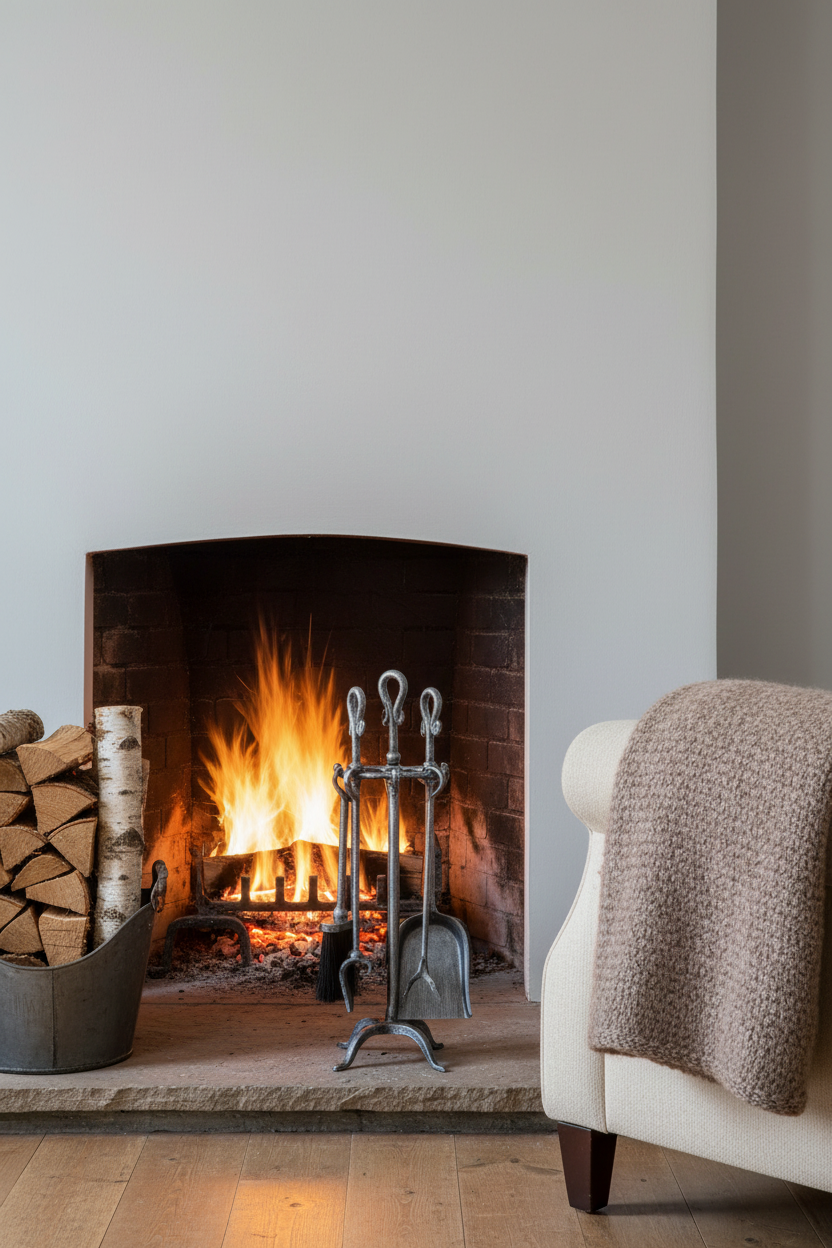 Brushed steel hearth tidy set beside a lit fireplace