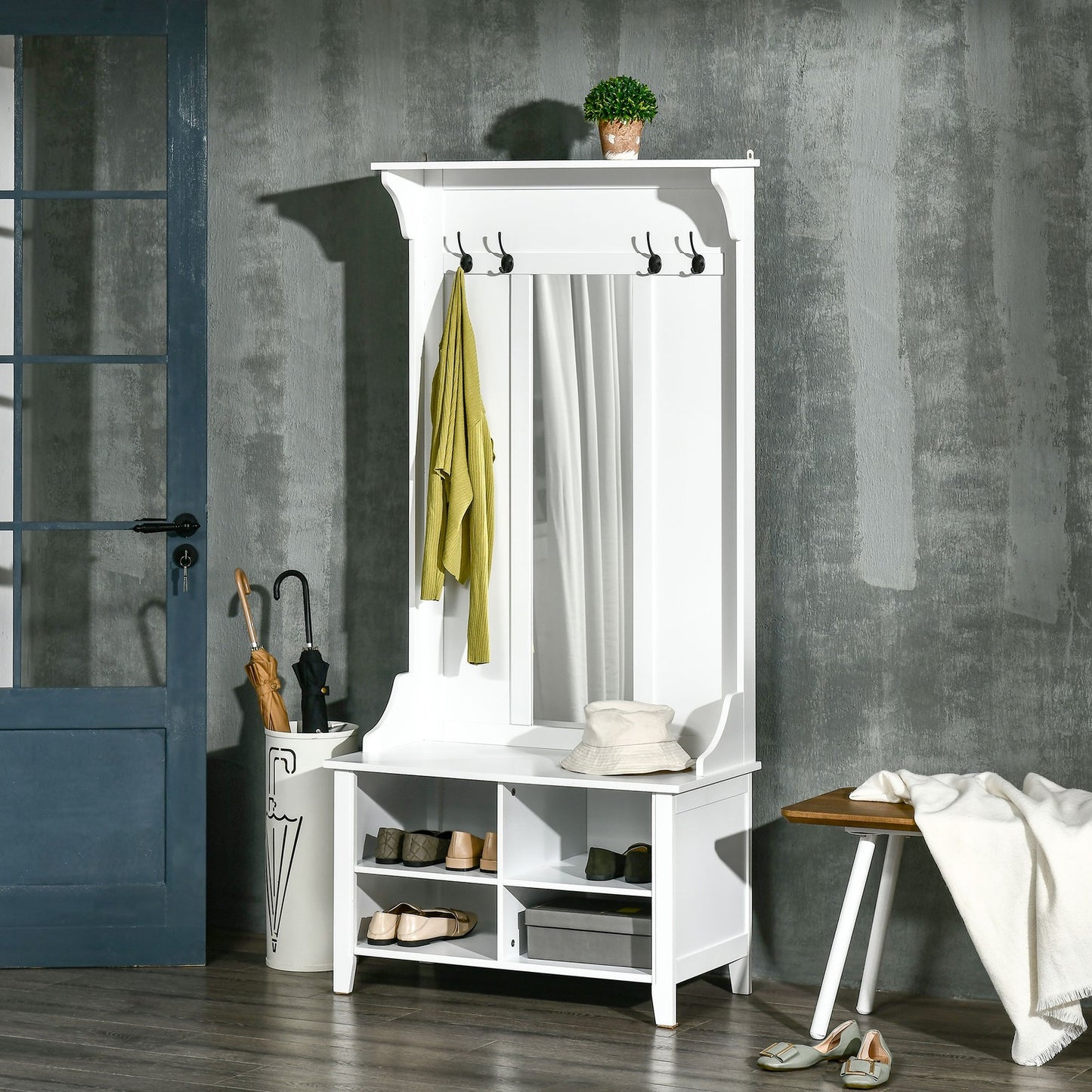 HOMCOM Hallway Storage Bench with Mirror & 4 Coat Hooks | The Entry Valet