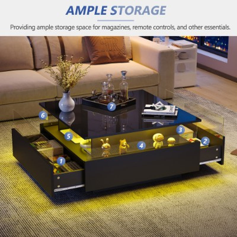 Wooden Modern LED Square Coffee Table with 2 Drawers | The Aurora Float